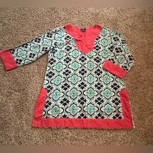 Simply Southern Women's Tunic with Coral and Teal Pattern size large